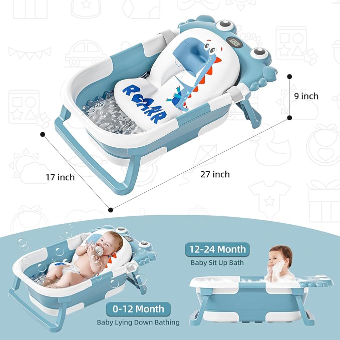Collapsible Baby Bathtub for Newborns to Toddler with Real-time Temp Monitor & Floating Cushion,Portable Travel Tub for 0-36 Month, Foldable Baby Bath Tub for Infants Boy (Light Blue)-CubbioJoy