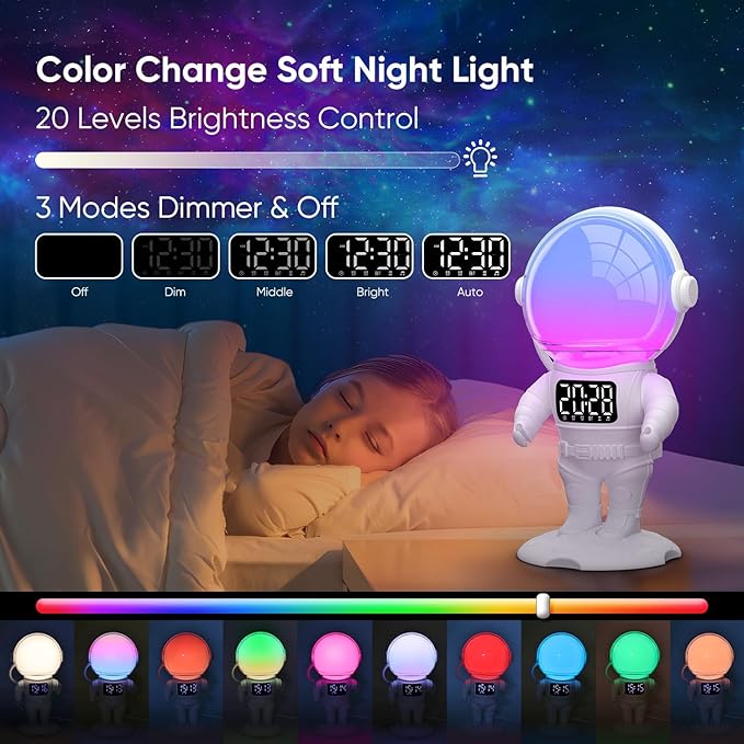 Astronaut Sunrise Alarm Clock for Kids, White Noise Sound Machine with 30 Soothing Sounds, 22 Dimmable Nightlights, Bluetooth Speaker, Dual Digital Alarm Clocks, Wake Up Light for Bedroom, Adults-CubbioJoy
