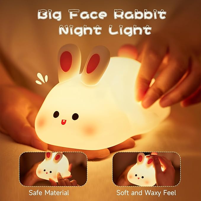 Big Face Rabbit Night Light, Adorable LED Bunny Night Lamp, Silicone Dimmable Nursery Nightlight for Girls, Silicone Rechargeable Bedside Touch Night Lights for Easter Decor-CubbioJoy