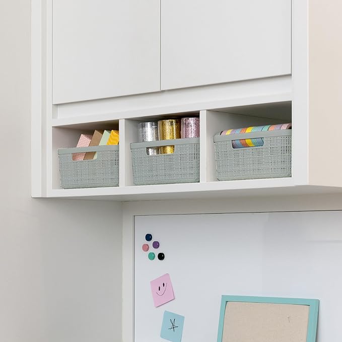 Curver Jute Decorative Plastic Organization and Storage Basket Perfect Bins for Home Office, Closet Shelves, Kitchen Pantry and All Bedroom Essentials, Small, Grey, Set of 8-CubbioJoy