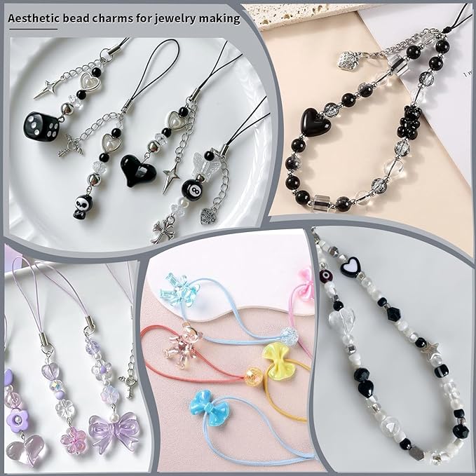 Assorted 170-230PCS Black Acrylic Beads for Bracelet Making, Flower Bow Butterfly Candy GummyBear Aesthetic Bracelet Charms,Cute Beads for Jewelry Making DIY Necklace Keychain Phone Charm-CubbioJoy
