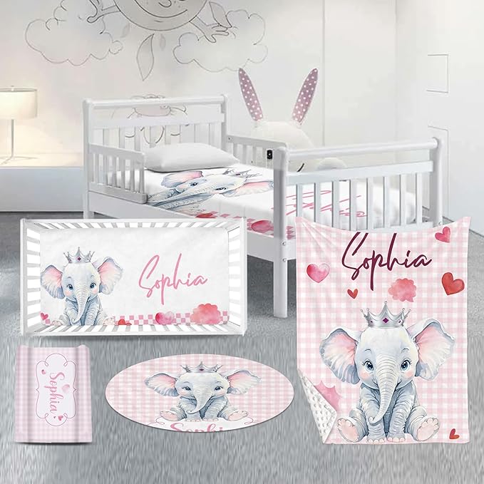 Custom Nursery Crib Bedding Set: Personalized Name 4 Piece Pink Checkered Elephant Pattern Baby Crib Sets for Girls - Toddler Double Layer Blanket Set, Comfortable Crib Bed Sheets for Baby Toddlers-CubbioJoy