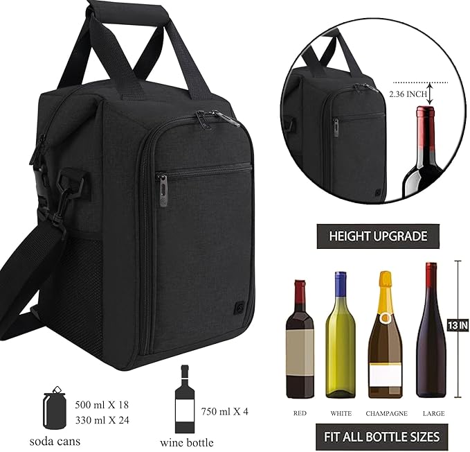 ALLCAMP 4 Bottle Wine Gift Bag - Insulated Tote Cooler, Adjustable Strap, Includes 4 Wine Glasses, Napkins & Corkscrew, Portable Travel Gifting (Black)-CubbioJoy