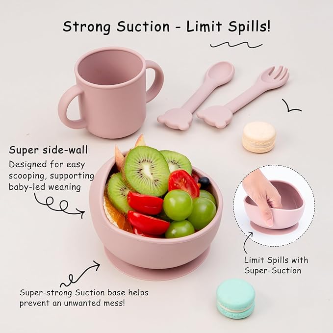 Baby Feeding Set, 13PCS Silicone Baby Self Feeding Set, Toddler Led Weaning Utensils Set with Suction Bowl and Plate, 3 Set of Baby Spoon and Fork, Adjustable Bid, Sippy Cup with Straw and 2 Lids-CubbioJoy