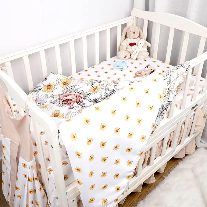 4-Piece Crib Bedding Set for Girls, Boho Baby Girl Bedding Set with Crib Skirt, Baby Quilt, Crib Sheet and Diaper Stacker, Flower-CubbioJoy