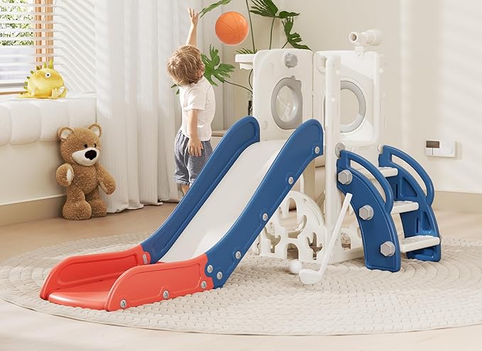 67i Toddler Slide for Kids - Foldable Indoor/Outdoor Plastic Slide with Basketball Hoop, Anti-Slip Steps, Safe & Durable Playground Equipment for 1-3 Years (Red Blue)-CubbioJoy