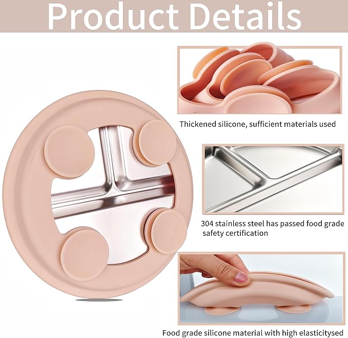 3Pack Stainless Steel Kids Plates, 8.1" Divided Toddler Plates with Removable Silicone Suction Sleeves for Baby Highchairs, Non Toxic BPA Free Non-Slip Unbreakable Snack Lunch Plate-CubbioJoy