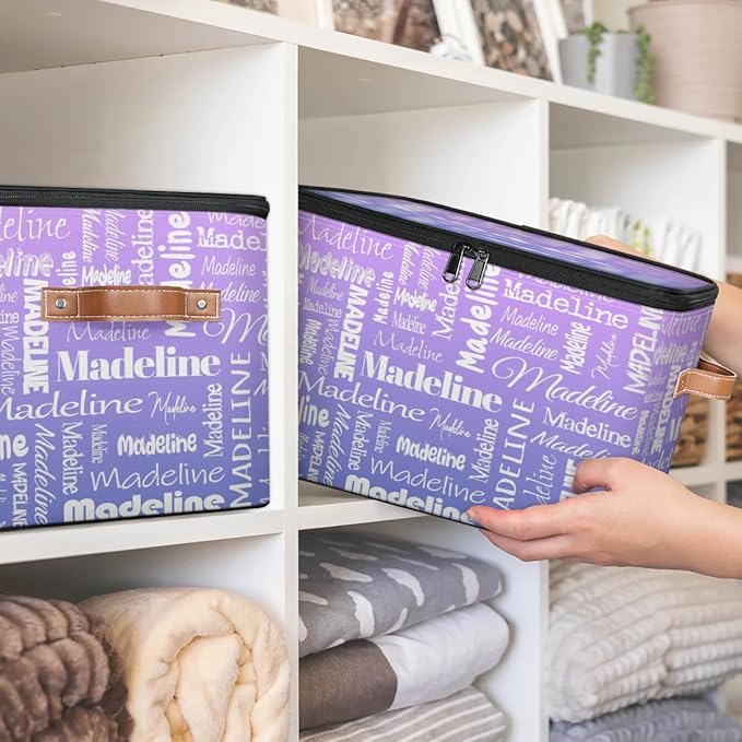 Custom Storage Basket with Name, Personalized Storage Bins with Zipper Lid, Foldable Fabric Storage Box Large capacity with Handle Purple-CubbioJoy