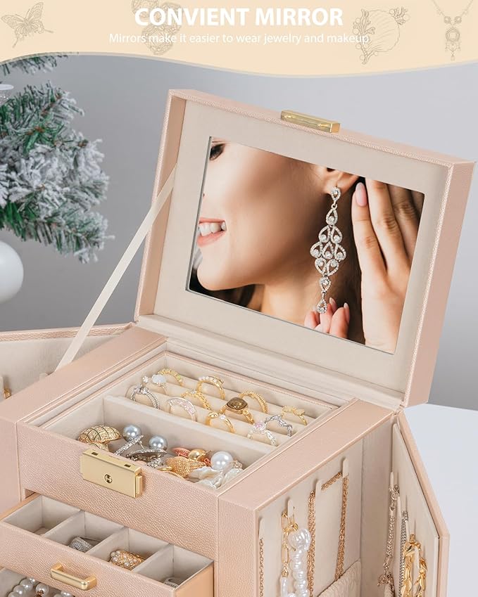 AKOZLIN 4-Tier Jewelry Box Leather Jewelry Storage Organizer with 3 Drawers Lockable for Women Girls Ring Necklace Earring Bracelet Holder with Mirror Champagne-CubbioJoy