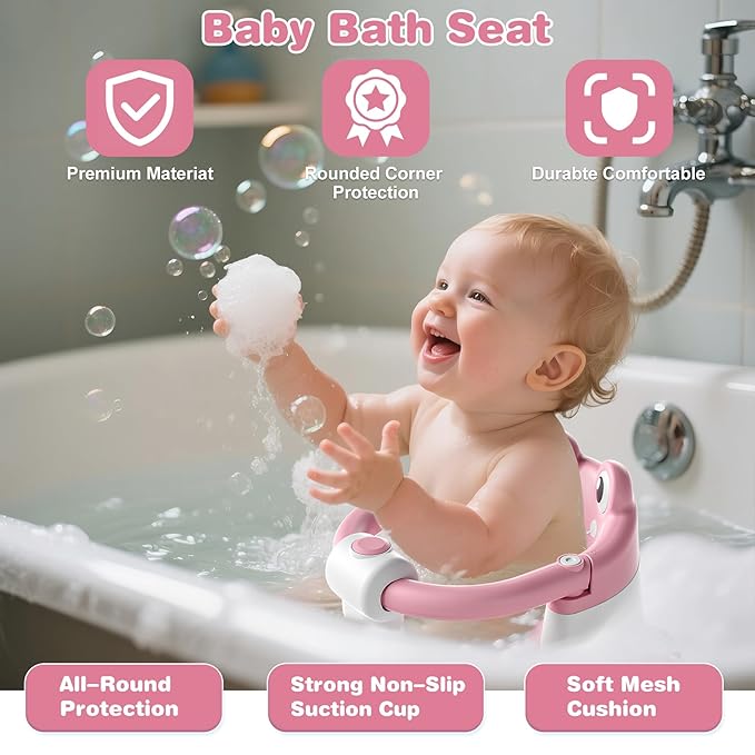 Baby Bath Seat for Babies 6 Months & up Non-Slip Toddler Bath Seats for Sitting Up Infant Bathtub Chair with Suction Cups and Soft Cushion for Baby Shower Tub Seat-CubbioJoy