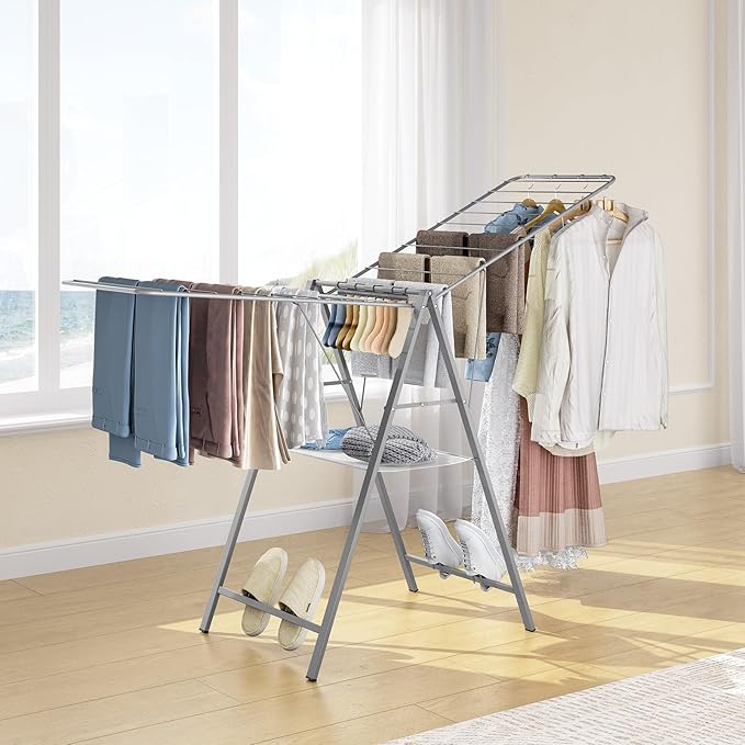 APEXCHASER Drying Rack Clothing, Clothes Drying Rack Foldable, Metal Laundry Drying Rack Collapsible for Sweater Towel Indoor & Outdoor, Height Adjustable Gullwing Clothes Airer, Grey-CubbioJoy