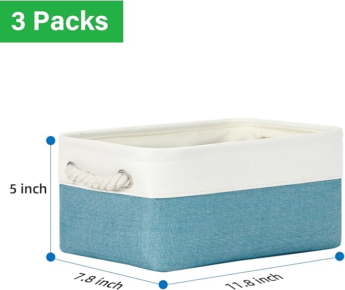 Bidtakay Small Storage Baskets for Shelves 3 Pack Fabric Storage Bins for Organizing Linen Collapsible Organizer for Closet-White&Teal-CubbioJoy