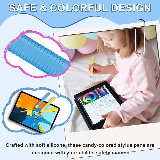 2pcs Kid-Friendly Stylus Pens for Touch Screens, Tablet Stylus Pen with Spring Cord Universal Touch Screen Capacitive Crayon Stylus Blue Yellow-CubbioJoy