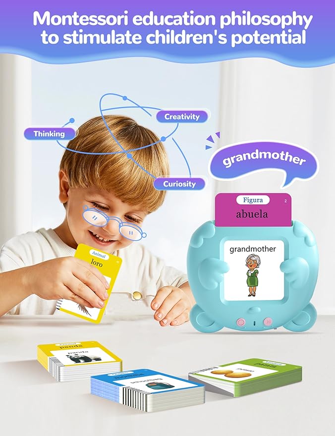 Bilingual Talking Flash Cards for Toddlers, 224 Sight Words Spanish and English Learning Flashcards for Kids, Autism Pocket Speech Therapy Toys, Española Vocabulary-CubbioJoy