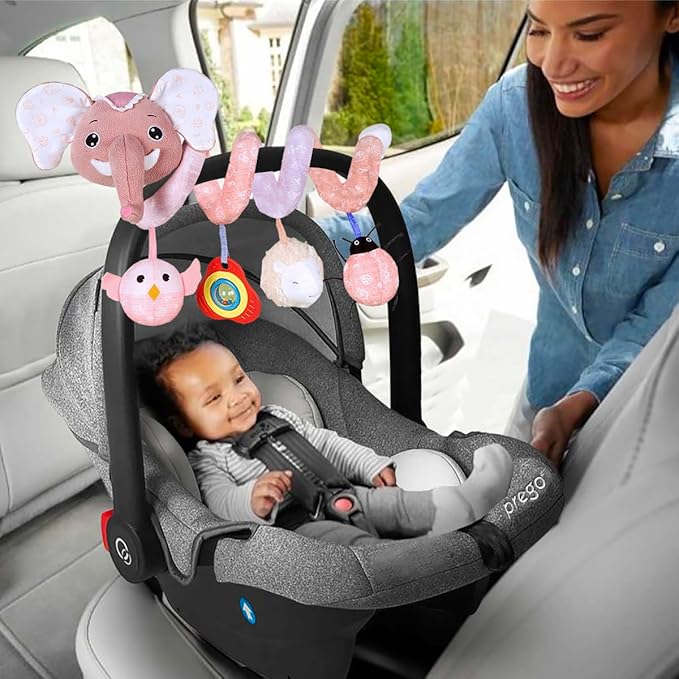 Car Seat Toys, Baby Stroller Toys Infant Spiral Hanging Toys for Crib Bar Bassinet Stroller Car Seat Mobile, Early Development Toys for Newborn Baby Girls 0 3 6 12 Months -Pink Elephant-CubbioJoy