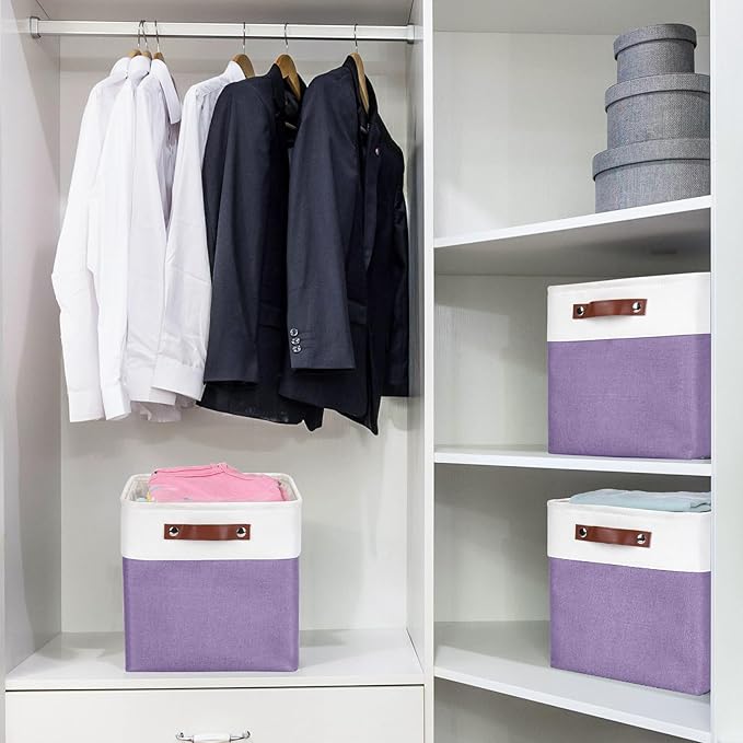 Collapsible Fabric Storage Cubes 11x11 Cube Storage Bins, 4 Pack Closet Baskets Box with Handles for Organizing, Shelf, Toys, Clothes, Home, Office, Nursery (Purple&White)-CubbioJoy