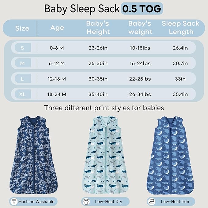 Baby Sleep Sack 0-6 Months 0.5 Tog Wearable Blanket Baby, 3 Pack 100% Cotton Lightweight Sleeping Sack with 2-Way Zipper for Newborn Infant Shark-CubbioJoy