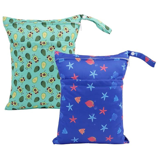 ALVABABY 2pcs Cloth Diaper Wet Dry Bags Waterproof Reusable with Two Zippered Pockets Travel Beach Pool Daycare Soiled Baby Items Yoga Gym Bag for Swimsuits or Wet Clothes LZX4344-CubbioJoy
