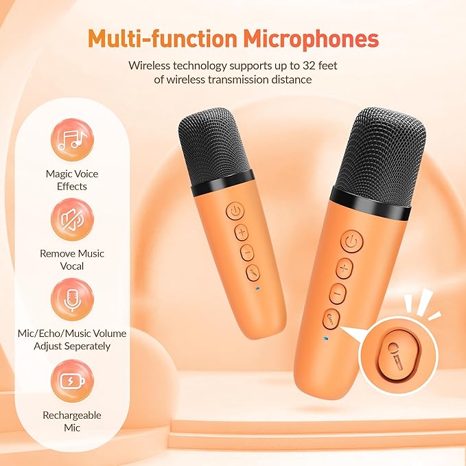 Karaoke Machine for Kids Adults: Mini Portable Karaoke Machine with 2 Wireless Microphones and Lights, Christmas Birthday Gifts for Girls Boys Family Home Party(Orange)-CubbioJoy