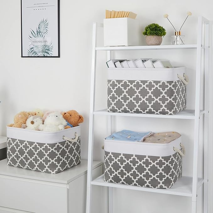 Bidtakay Basket Storage Bins Baskets for Organizing Set of 3 Collapsible Cloth Storage Linen Closet Organizer 15 X 11 X 9.5 Inches Large Foldable Baskets for Shelves (White&Quatrefoil Grey)-CubbioJoy