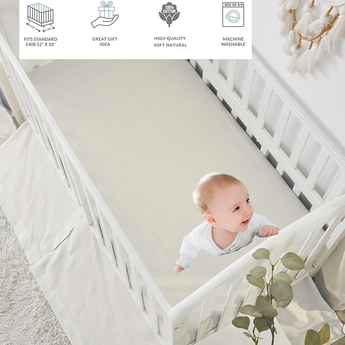 Brandream White Crib Bedding Set 3 Pieces Baby Nursery Collection - Quilt,Crib Sheet,Dust Ruffle-100% Washed Cotton Like Linen Supersoft Classic Quilted Plaid Off White Cream-CubbioJoy