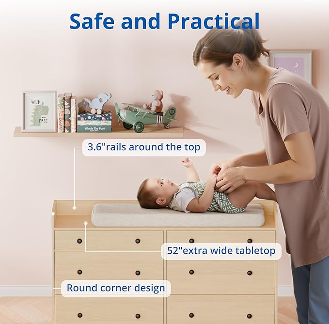 Cozy Castle Baby Dresser with 6 Drawers and Large Table Top, Multi-Functional Chest of Drawer, Drawer Dresser with Three-Sided High Rails for Nursery, Children's Room, Bedroom, Oak-CubbioJoy