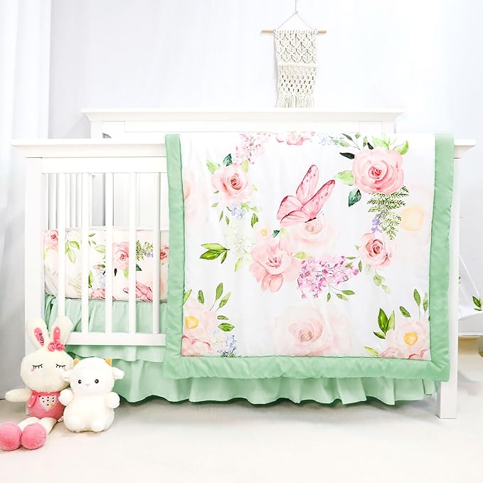 4-Piece Crib Bedding Set, Baby Girl Crib Bedding Set Butterflies Floral Nursery Bedding Set Includes Comforter, Fitted Crib Sheet, Crib Skirt, and Diaper Stacker, Green & Pink-CubbioJoy