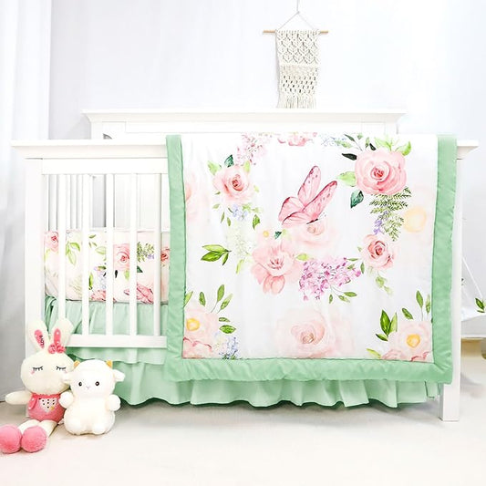 4-Piece Crib Bedding Set, Baby Girl Crib Bedding Set Butterflies Floral Nursery Bedding Set Includes Comforter, Fitted Crib Sheet, Crib Skirt, and Diaper Stacker, Green & Pink-CubbioJoy