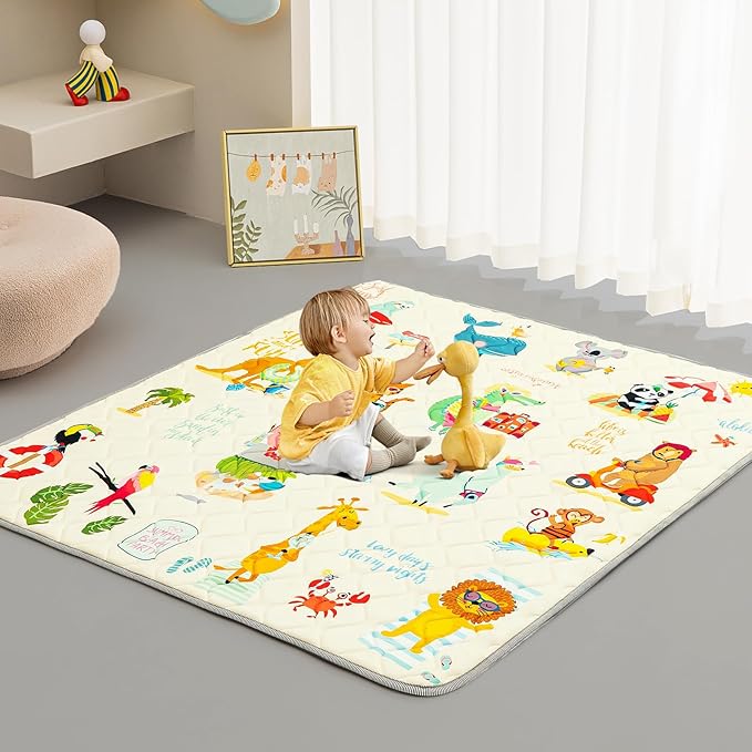 Baby Play Mat - Thicken 50x50 Inch Soft Foam Crawling Mat for Playpen & Floor, Non-Slip Waterproof Playmats for Infants & Toddlers, Portable Foldable & Machine Washable, Beach Animals-CubbioJoy