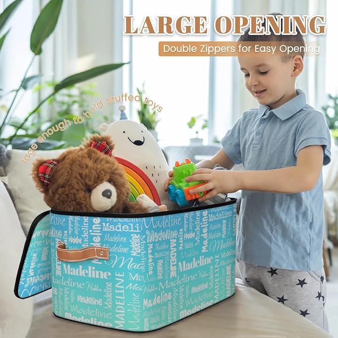 Custom Storage Basket with Name, Personalized Storage Bins with Zipper Lid, Foldable Fabric Storage Box Large capacity with Handle Blue Green Gradient-CubbioJoy
