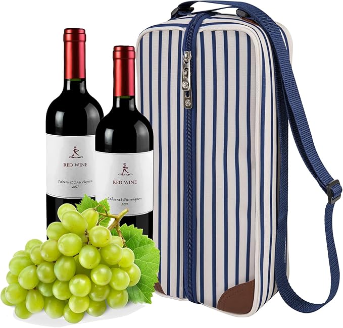 ALLCAMP Wine Tote Bag with Cooler Compartment，Picnic Set Carrying Two Sets of Tableware（Blue Stripe）-CubbioJoy