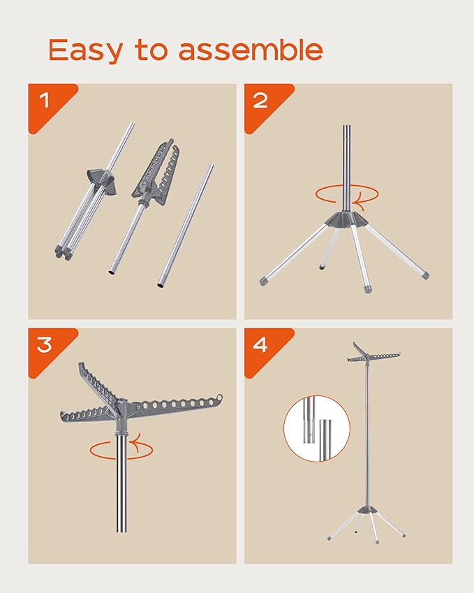 Clothes Drying Rack Foldable, 59 inch Tripod Laundry Drying Rack Indoor with Rotating Clothes Rail for 27 Pieces of Clothes, Space Saving, Stainless Steel, Grey and Silver CDR001G01-CubbioJoy