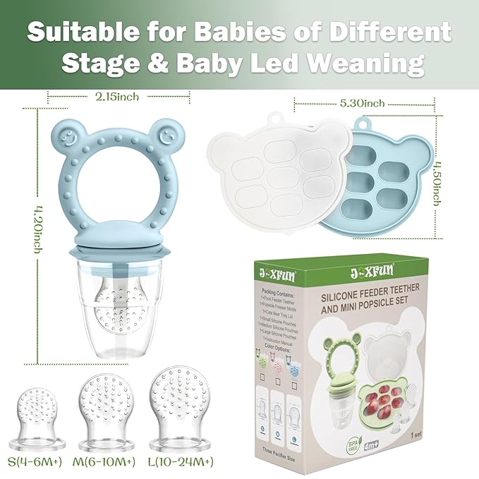 JEXFUN Silicone Baby Fruit Food Feeder Pacifier & Breastmilk Popsicle Freezer Molds for Cooling Relief, BPA Free Silicone Feeder to Safely Introduce New Foods, Double as Teething Toys, 4 Month+-CubbioJoy