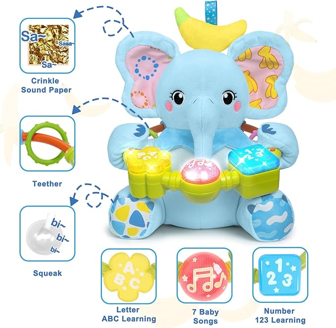 Baby Elephant Musical Stuffed Animals Toy with Light-Up Music & Crinkle,Infant Bilingual Early Learning Education Toys,1st Easter Basket Shower Stuffers for 0-3-6-12+ Months Boy Girl Gifts,Blue-CubbioJoy