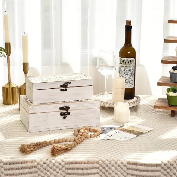 Decorative Wooden Box with Hinged Lid - Timeless Carved Floral Storage for Rustic Farmhouse Decor, Set of 2, White-CubbioJoy