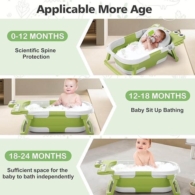 Collapsible Baby Bathtub for Newborn, Foldable Baby Bath Tub with Thermometer & Soft Floating Cushion & Drain Hole, Portable Travel Infant Bath Tubs for Newborns to Toddler 0-36 Months Girl, Green-CubbioJoy
