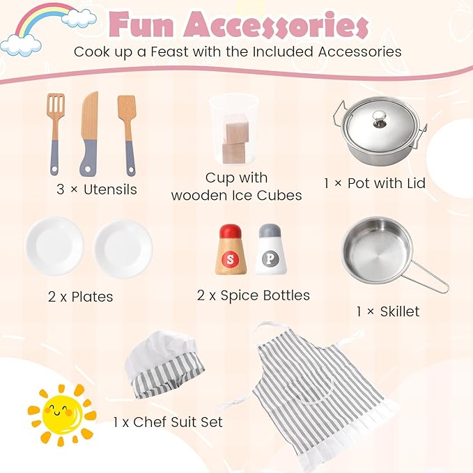 Costzon Corner Kids Kitchen Playset, Wooden Play Kitchen with Sounds & Lights, Washing Machine, Range Hood, Ice Maker, Microwave, Oven, Sink, Pretend Toy Kitchen Set for Toddler, Gift for Boys Girls-CubbioJoy