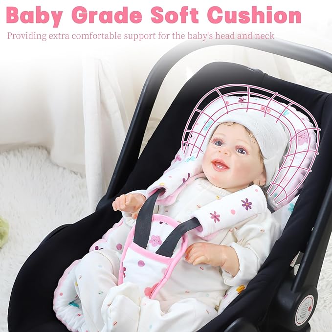 Infant Car Seat Insert with 3 Strap Covers, 3 in 1 Reversible Floral Baby Car Seat Head Support for Newborn, Baby Girl Newborn Essentials for Preemie to Infant, Stroller, Swing, Bouncer (Pink)-CubbioJoy