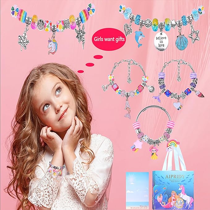 AIPRIDY Charm Bracelet Making Kit,Unicorn Mermaid Crafts Gifts Set Can Inspires Imagination and Creativity,Jewelry Making Kit Perfect Gifts for Girls 5-12 Years Old (84 Pieces)-CubbioJoy