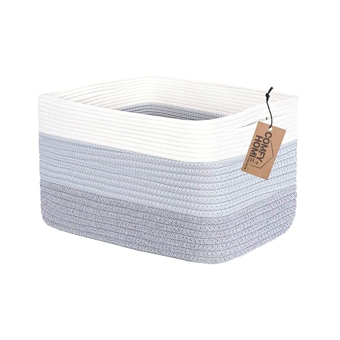 COMFY-HOMI Cotton Rope Woven Basket with Handles for Shelves,Toys,Book, Cloth Storage Baskets Bin for Organizing-13.5"x11"x9.5" Toy Decorative Organizer for Living Room, Bathroom-White/3Tone Grey-CubbioJoy