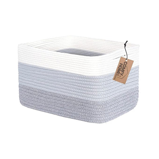 COMFY-HOMI Cotton Rope Woven Basket with Handles for Shelves,Toys,Book, Cloth Storage Baskets Bin for Organizing-13.5"x11"x9.5" Toy Decorative Organizer for Living Room, Bathroom-White/3Tone Grey-CubbioJoy