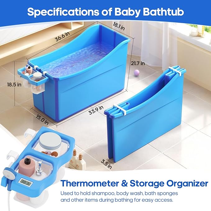 Collapsible Baby Bathtub Foldable Bathtub for Toddler Portable Large Foldable Bath Tub Bathtub for Kids Petite with Thermometer and Storage Basket (Blue)-CubbioJoy