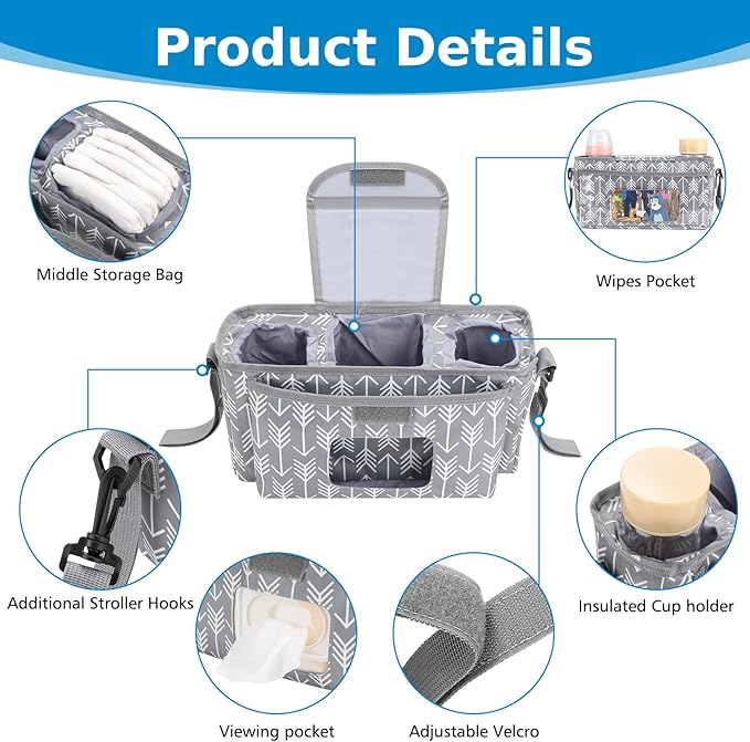 Accmor Universal Stroller Organizer with Insulated Cup Holder and Shoulder Strap, Stroller Bag Caddy Organizer Stroller Accessories for Uppababy, Baby Jogger, Nuna, Doona, Britax Strollers-CubbioJoy