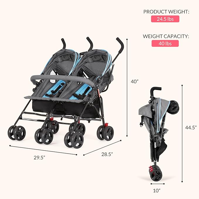 Dream On Me Volgo Twin Umbrella Stroller in Blue, Lightweight Double Stroller for Infant & Toddler, Compact Easy Fold, Large Storage Basket, Large and Adjustable Canopy-CubbioJoy