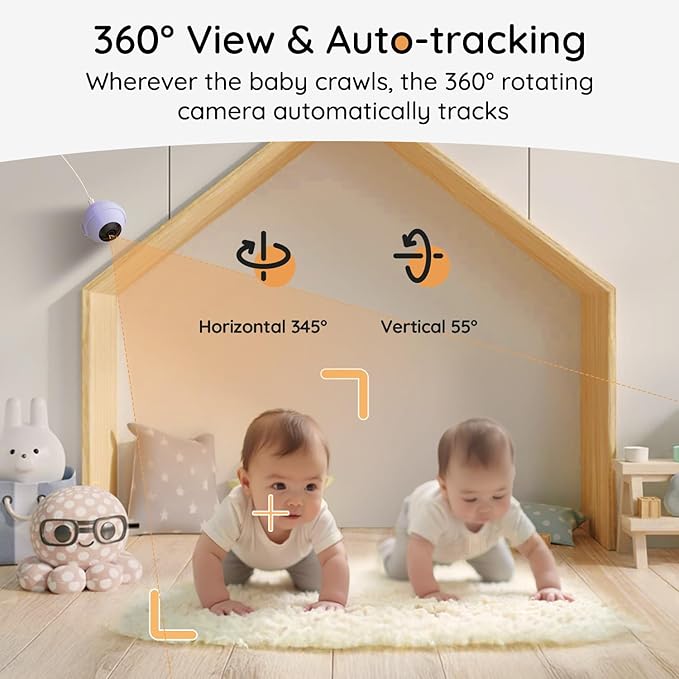 BOIFUN Additional Baby Camera Specifically Compatible with Baby2TM Video Baby Monitor, 360° Camera with Night Light, Auto Tracking, AI Motion & Sound Detection, Two-Way Audio-CubbioJoy