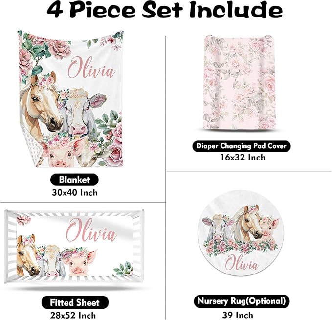 Custom Nursery Crib Bedding Set: Personalized Name 4 Piece Flower Horse Design Baby Crib Sets for Girls - Toddler Double Layer Blanket Set, Comfortable Crib Bed Sheets for Baby Toddlers-CubbioJoy