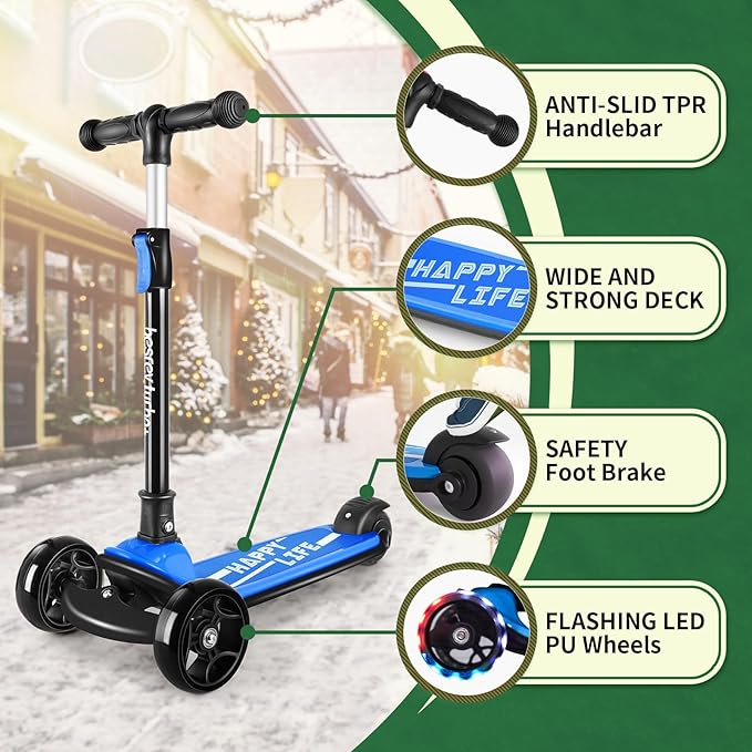 Besrey Kick Scooter for Kids Ages 3-10, 3-Wheel Folding Scooter with Adjustable Height, LED Light Wheels, Extra Wide Deck for Outdoor Activities-CubbioJoy