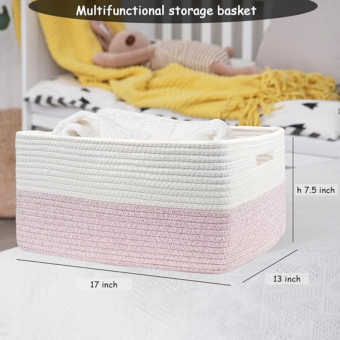 COMFY-HOMI Cotton Rope Woven Basket with Handles for Shelves,Toys,Book, Cloth Storage Baskets for Organizing-17" x 13" x 7.5" Toy Decorative Organizer for Living Room, Bathroom （white/pink）-CubbioJoy