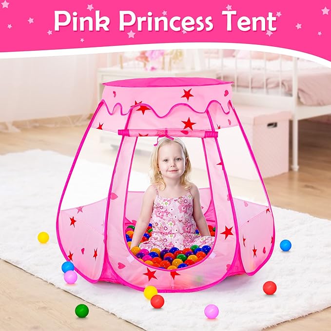 Baby Ball Pit for Toddler with 150 Balls, Kids Pop Up Play Tent for Girls, Princess Toys for Children Indoor & Outdoor Playhouse with Carry Bag (Pink: 7 Bright Colors, 109x90cm/150 Balls)-CubbioJoy