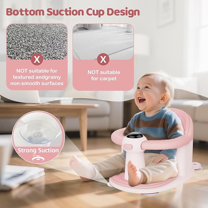 Baby Bath Seat-for Babies 6 Months & up, Water Temperature Display+Soft Cushion, Non-Slip Toddler Bath Seat for Baby, Sit Up Bath Seat for Baby, Pink-CubbioJoy